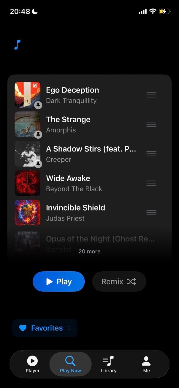 Favorites play mode showing a song list with Play and Remix buttons