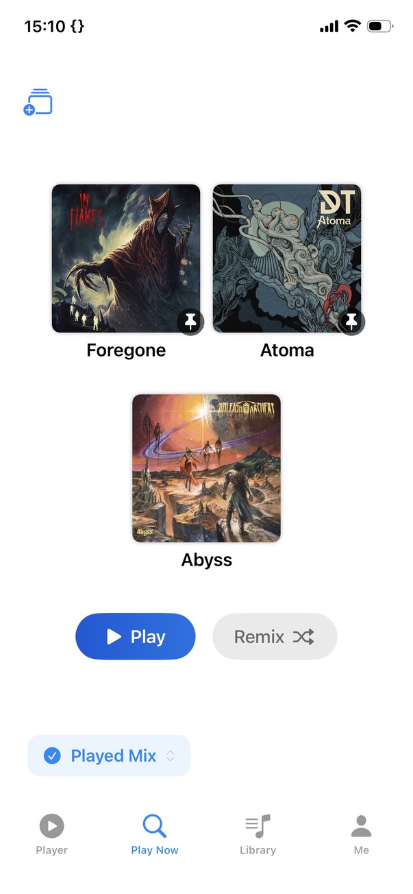 Album Mix play mode showing three album covers with Play and Remix buttons