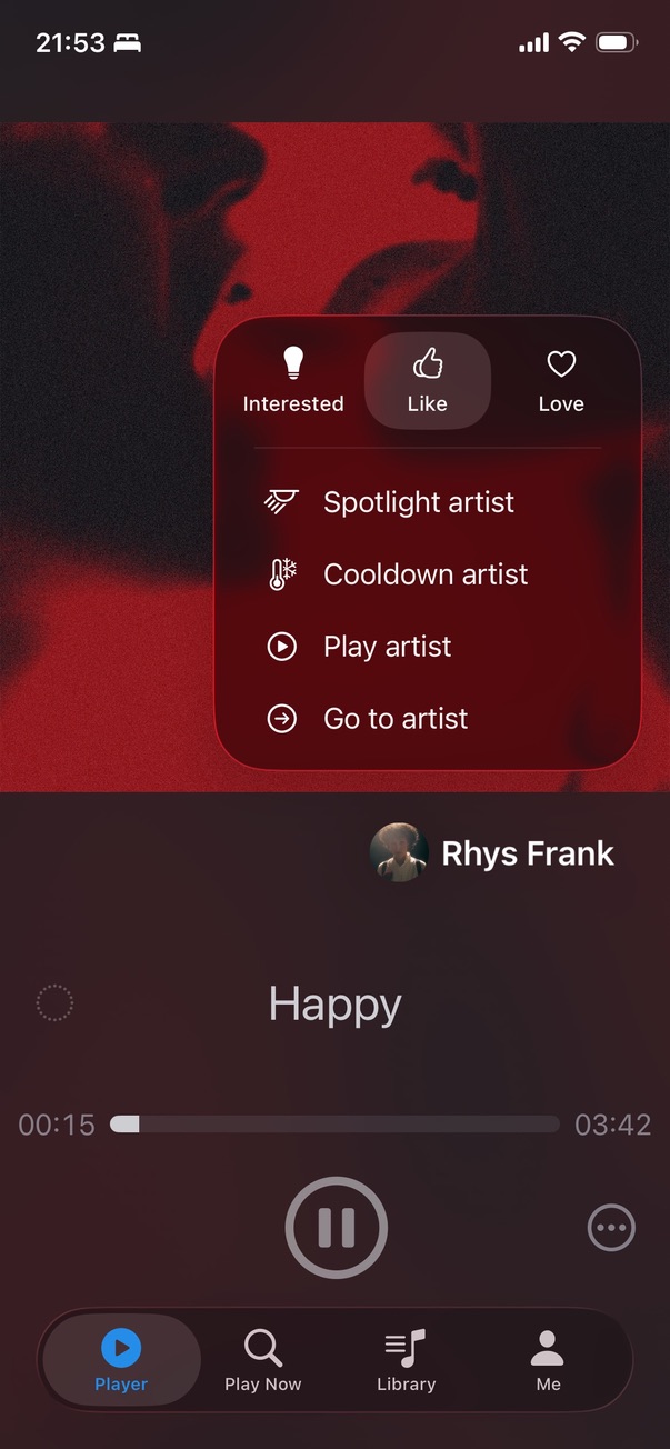 Player showing artist affinity controls — Interested, Like, Love and Spotlight, Cooldown options